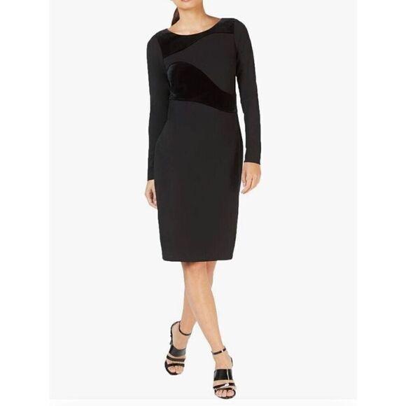 CALVIN KLEIN - NWOT - L Sz 14 Long Sleeve Solid Sheath Midi Dress/Velvet Detail - Picture 3 of 15